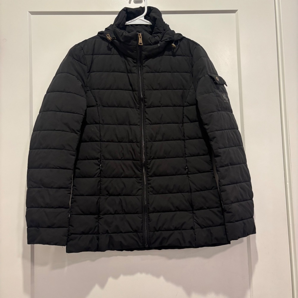 Lauren Ralph Lauren Black Quilted Puffer Jacket Hooded Zip Front Women XS